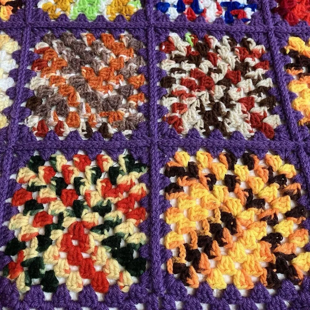 Vtg Granny Square Handmade Crochet Afghan Blanket Multicolor 51x60 Fringe